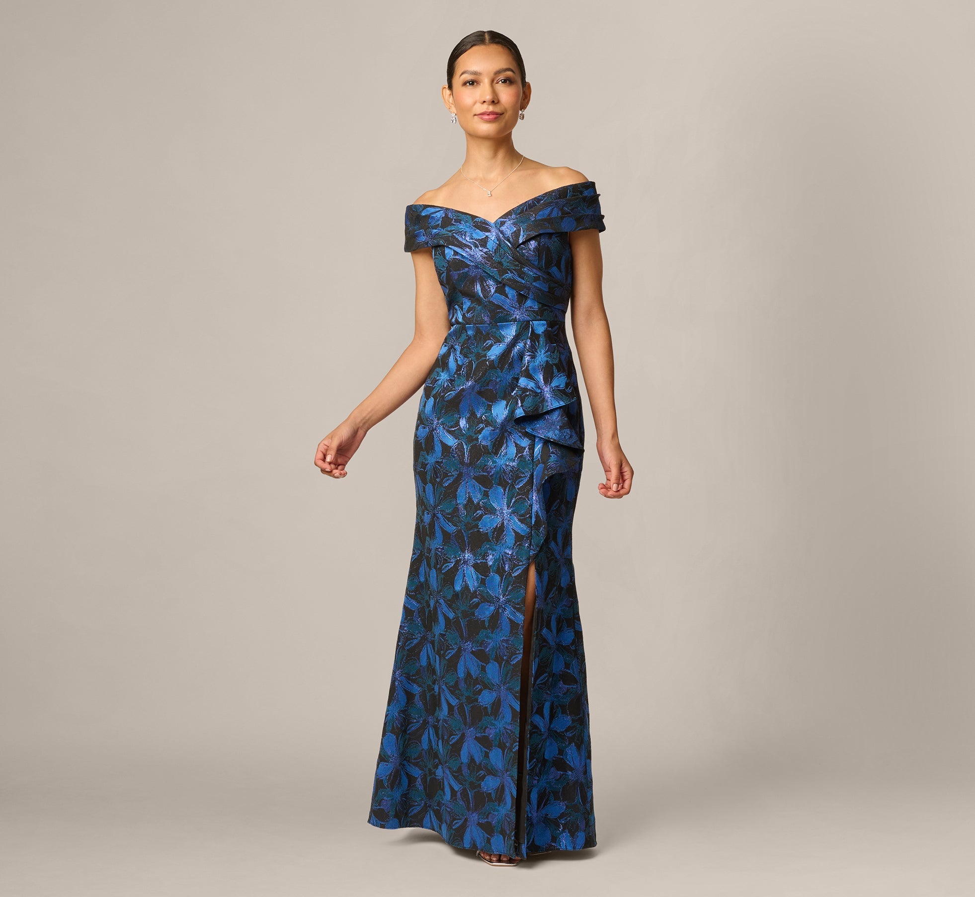 Petite Off Shoulder Jacquard Gown In Blue Multi