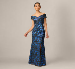 Petite Off Shoulder Jacquard Gown In Blue Multi