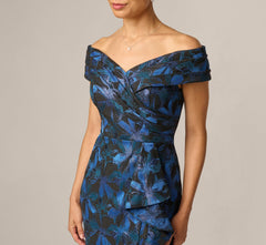 Petite Off Shoulder Jacquard Gown In Blue Multi