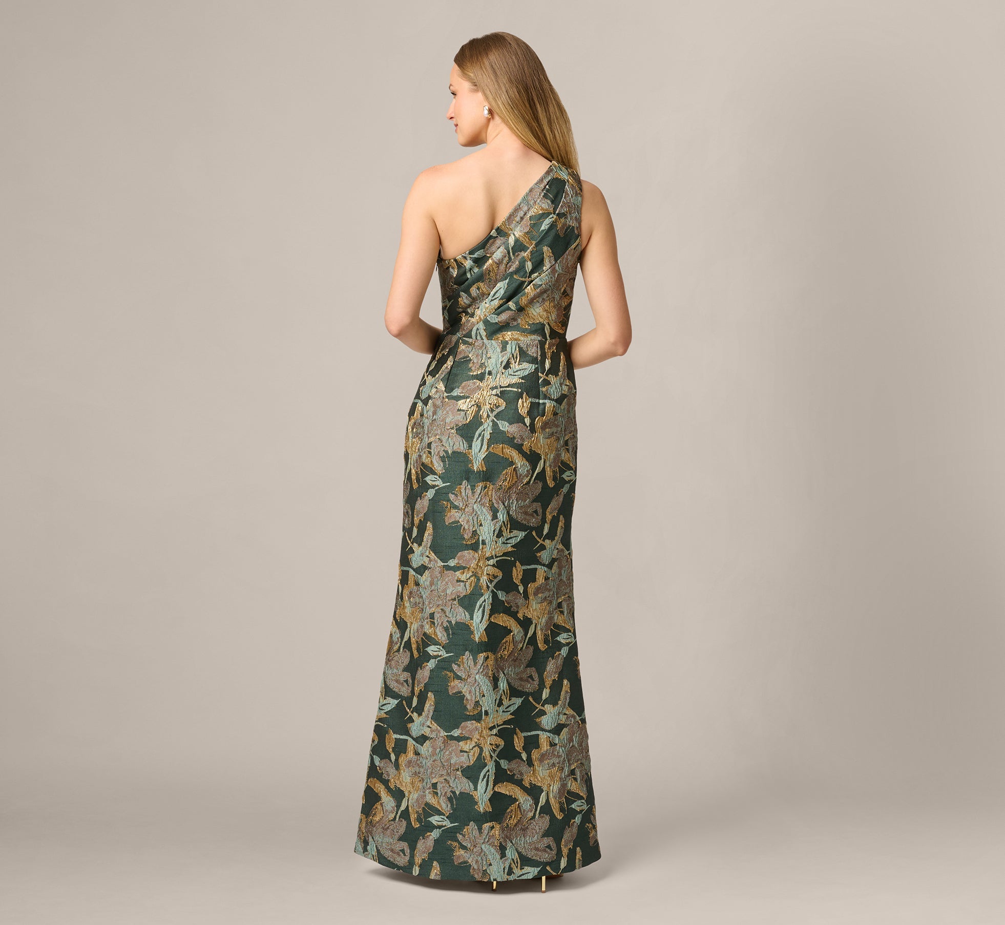 One Shoulder Jacquard Dress In Green Gold