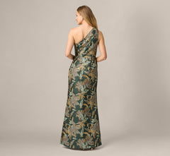 One Shoulder Jacquard Dress In Green Gold