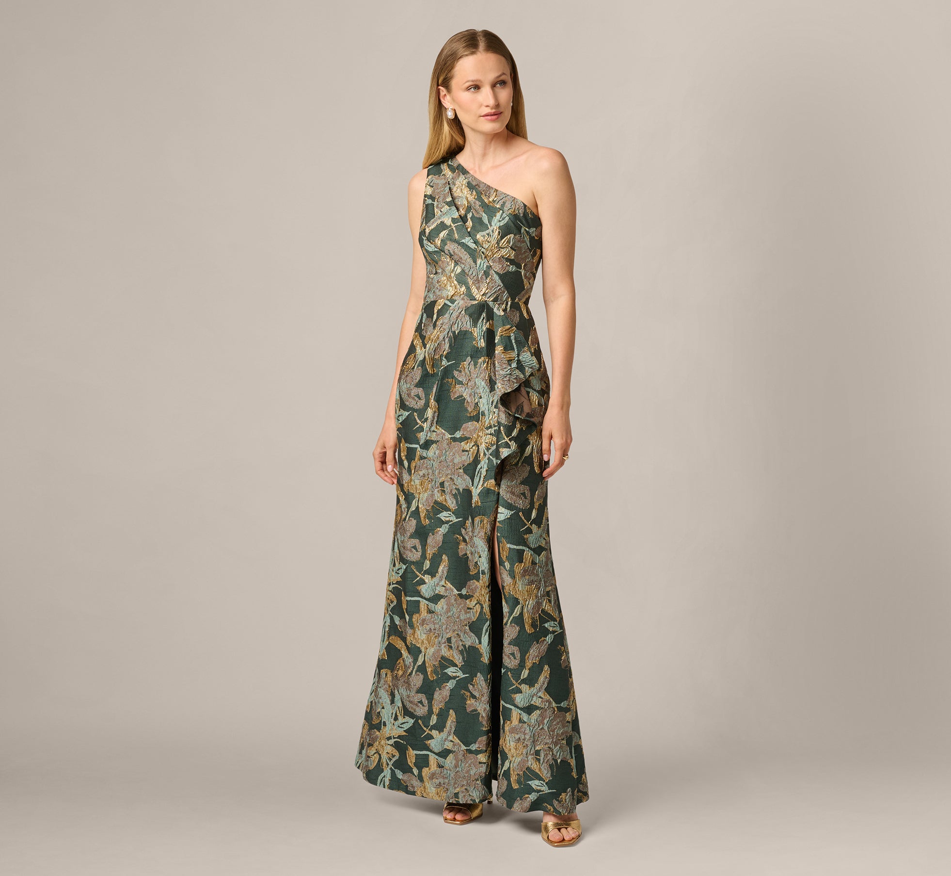 One Shoulder Jacquard Dress In Green Gold