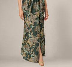One Shoulder Jacquard Dress In Green Gold