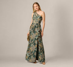 One Shoulder Jacquard Dress In Green Gold