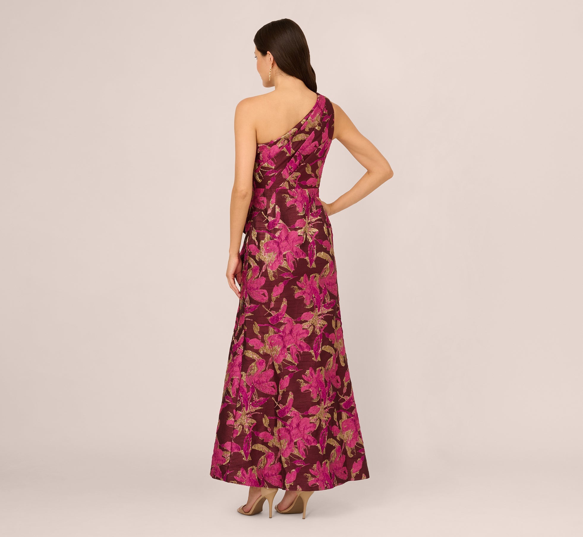 One Shoulder Jacquard Dress In Burgundy Gold