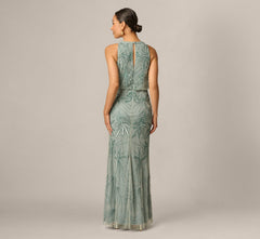 Petite Beaded Halter Blouson Long Dress In Sage