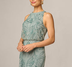 Petite Beaded Halter Blouson Long Dress In Sage