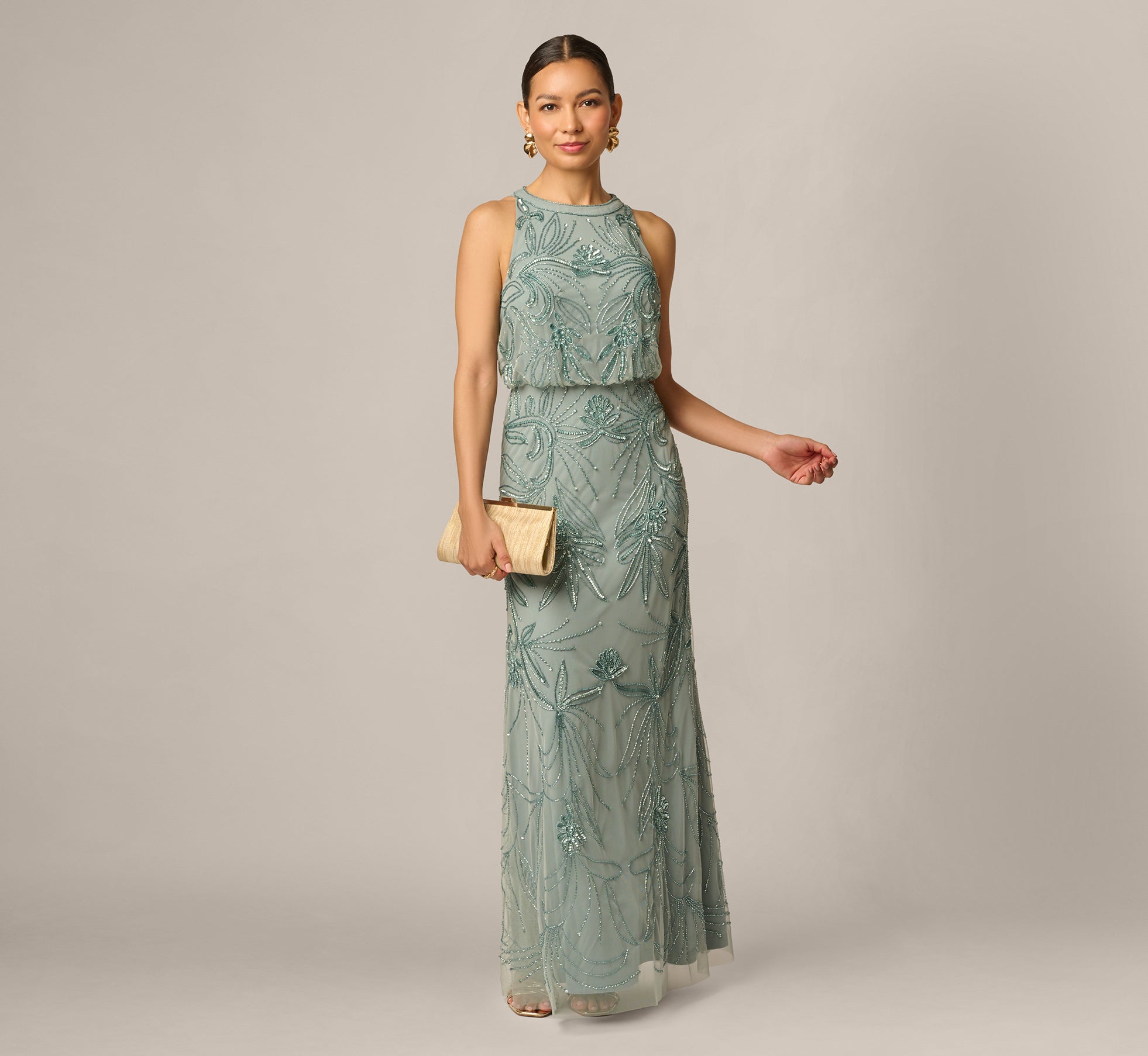Petite Beaded Halter Blouson Long Dress In Sage