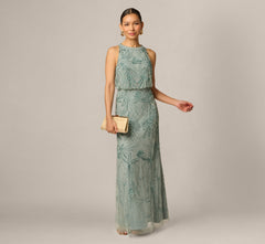 Petite Beaded Halter Blouson Long Dress In Sage