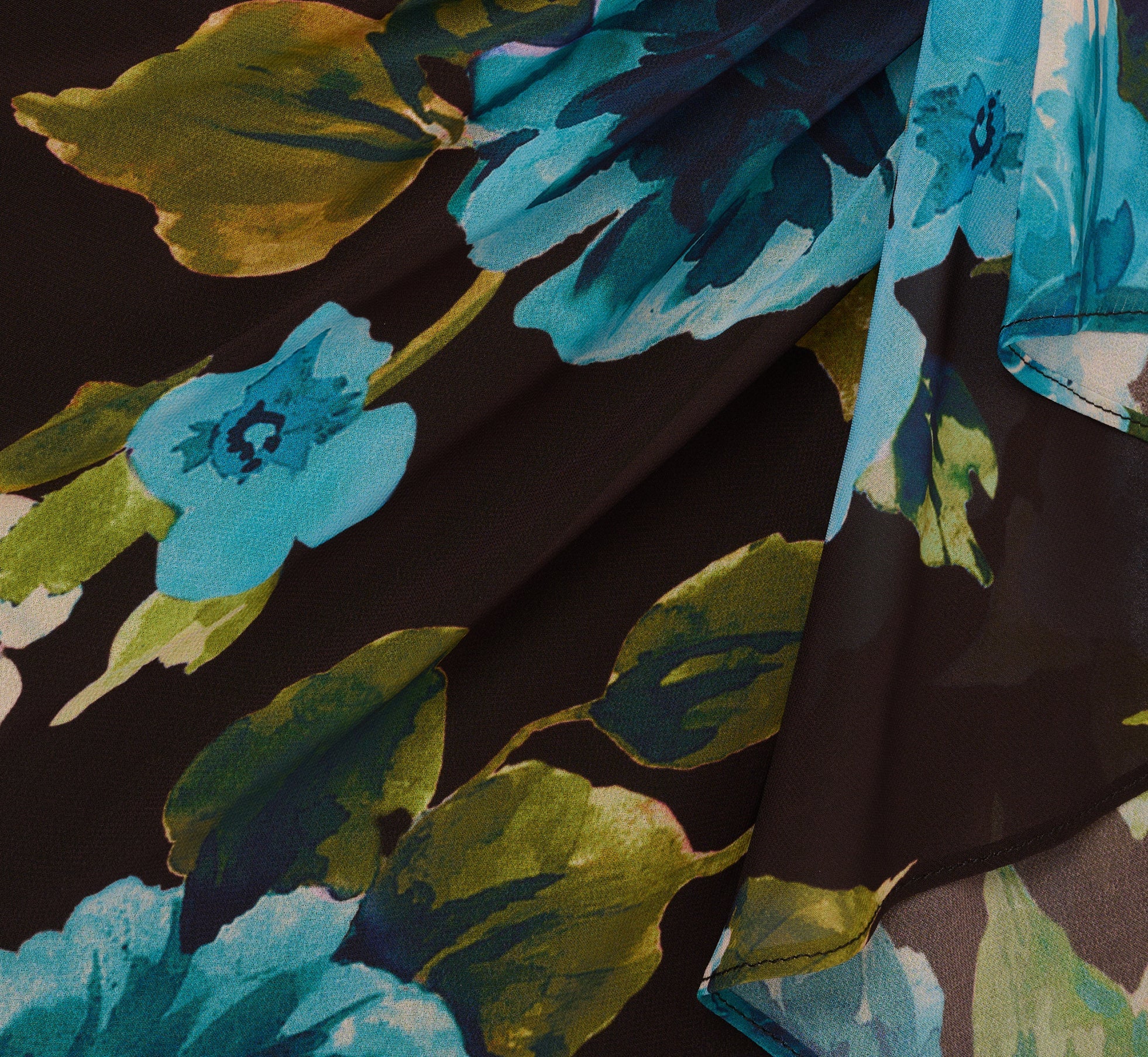 Asymmetrical Draped Floral Chiffon Gown In Black Multi
