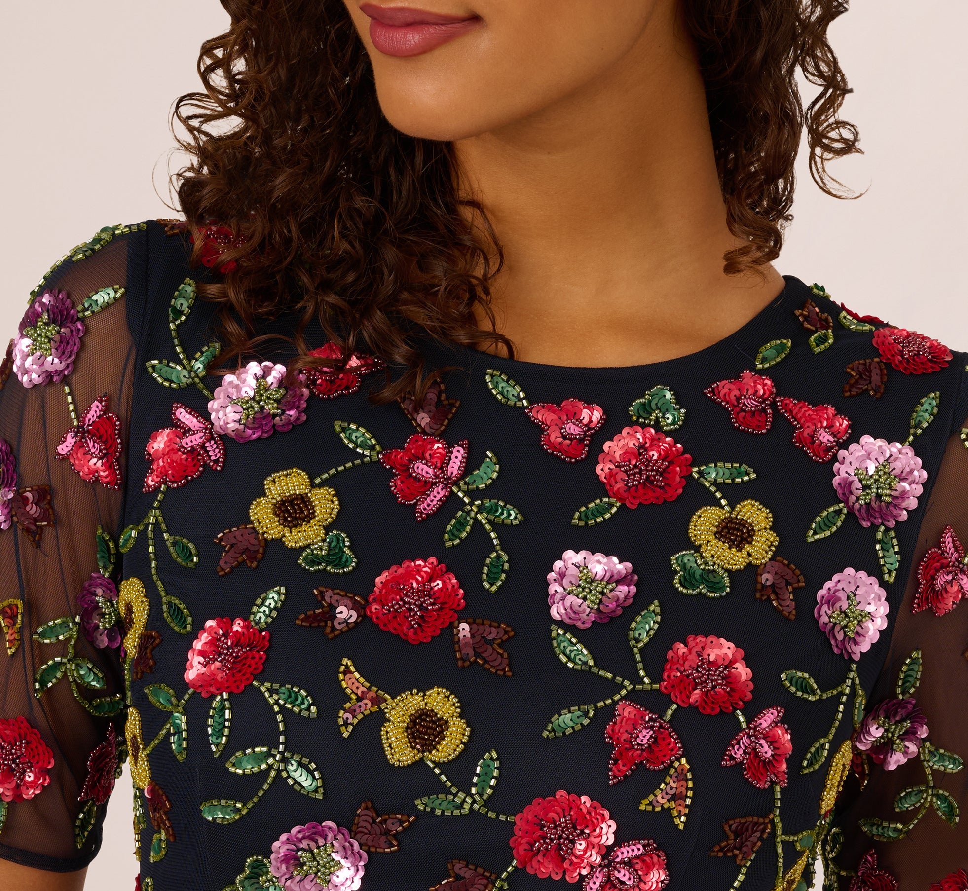 Short Sleeve Floral Beaded Midi Dress In Navy Multi