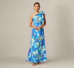Petite One Shoulder Floral Print Mermaid Gown In Blue Multi
