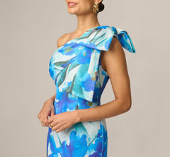 Petite One Shoulder Floral Print Mermaid Gown In Blue Multi