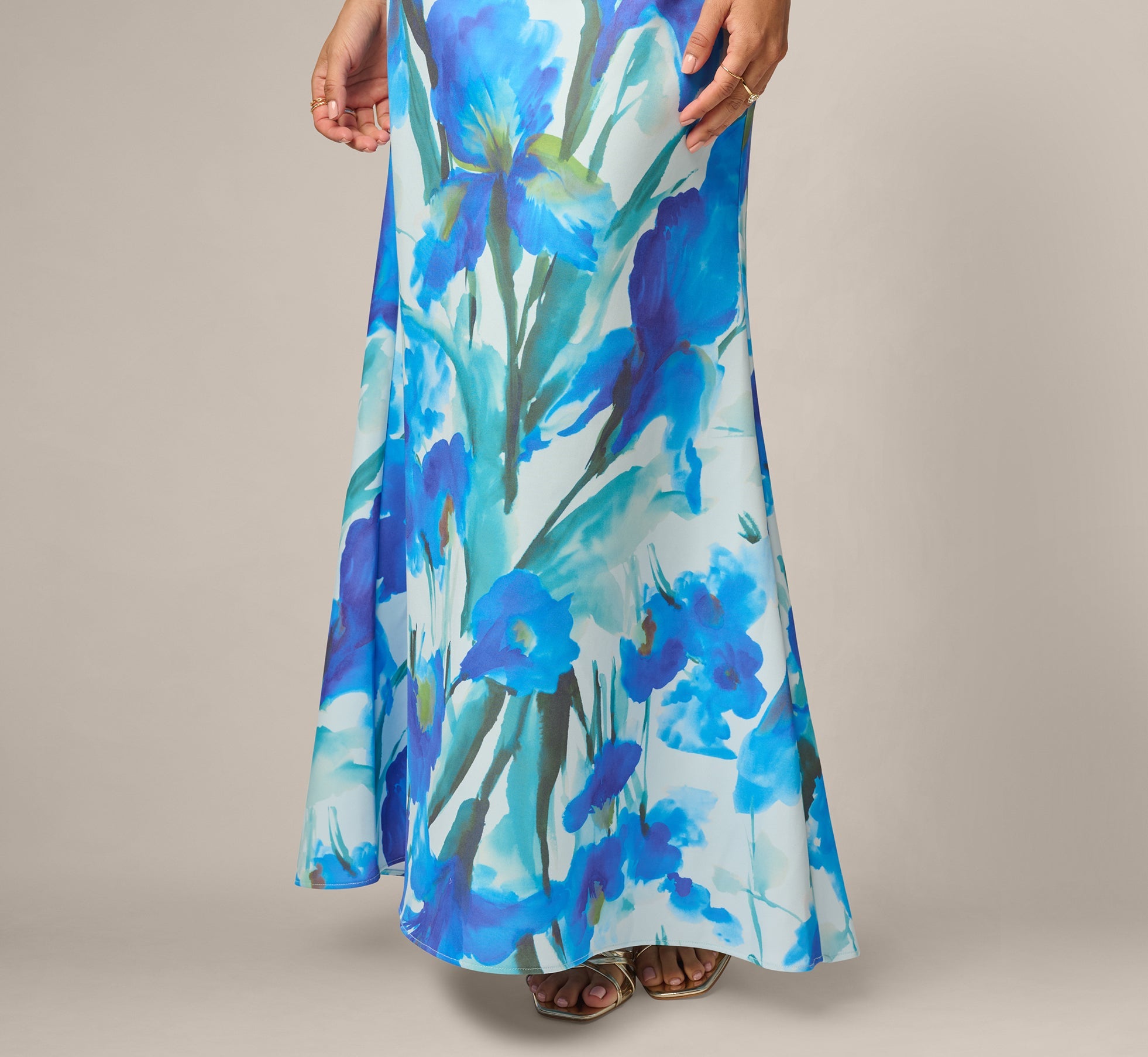 Petite One Shoulder Floral Print Mermaid Gown In Blue Multi