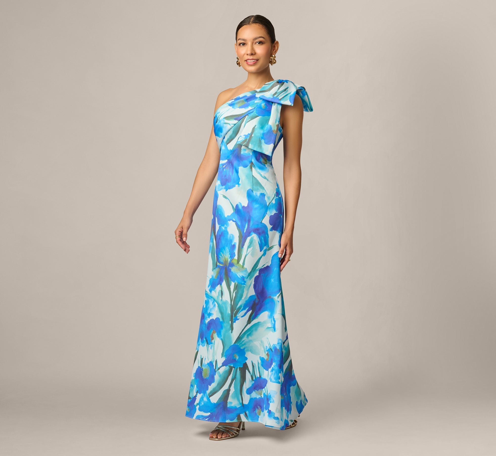 Petite One Shoulder Floral Print Mermaid Gown In Blue Multi