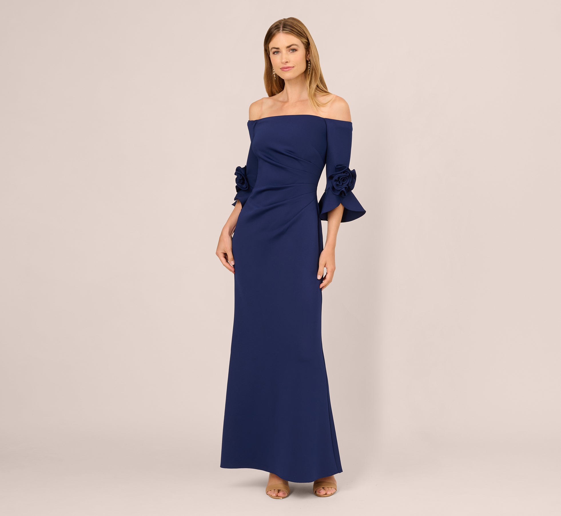 Off Shoulder Bell Sleeve Rosette Gown In Navy Sateen