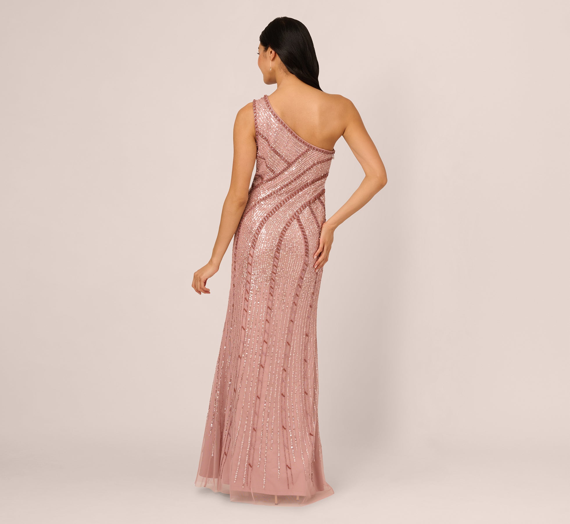 One Shoulder Beaded Sequin Mermaid Gown In Candied Ginger