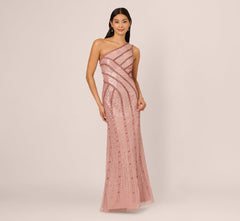 One Shoulder Beaded Sequin Mermaid Gown In Candied Ginger