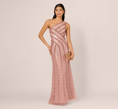 One Shoulder Beaded Sequin Mermaid Gown In Candied Ginger