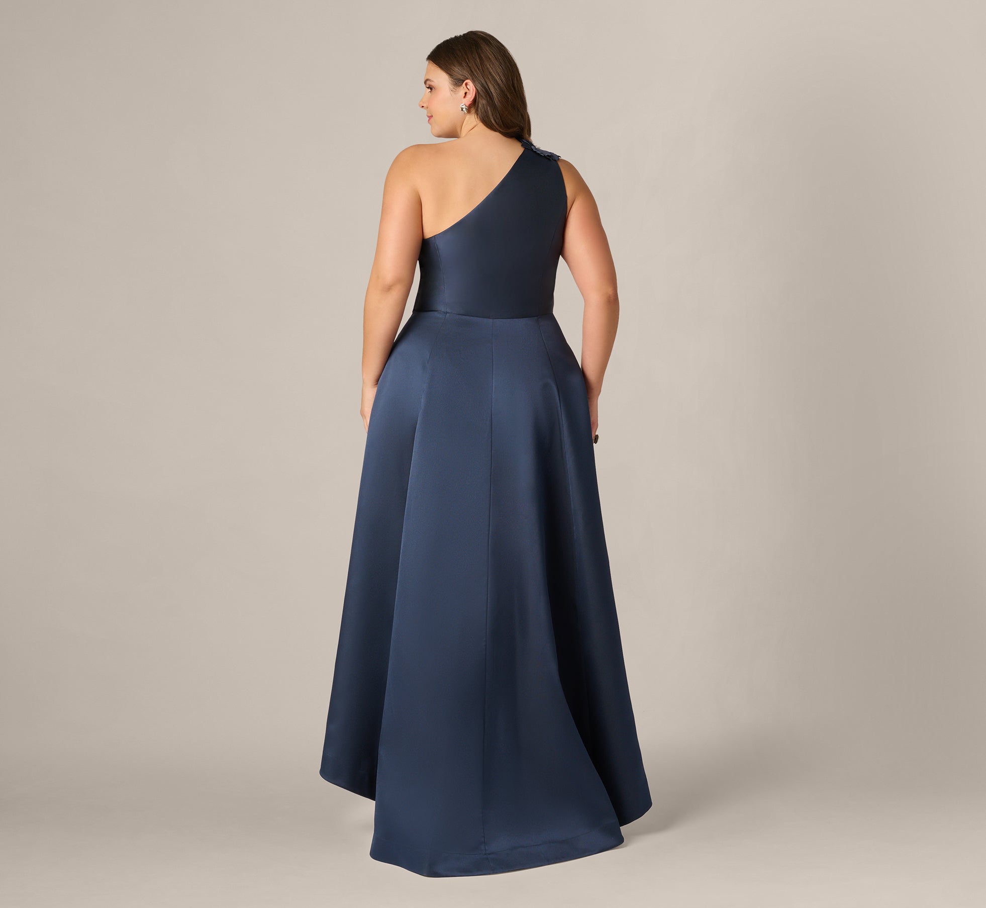 Plus Size One Shoulder Draped Mikado High Low Gown In Midnight