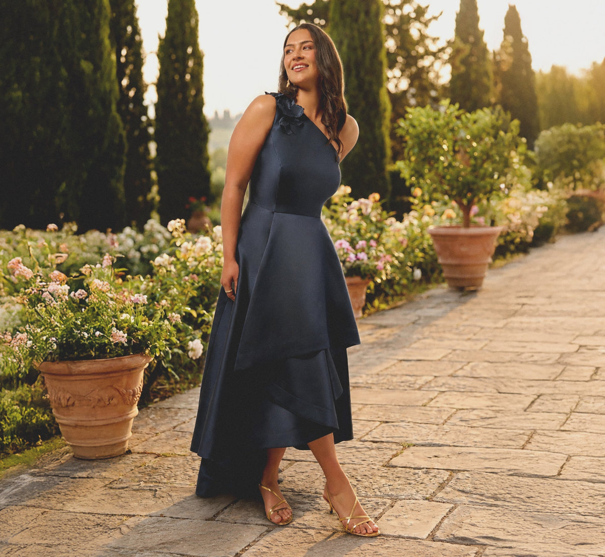 Plus Size One Shoulder Draped Mikado High Low Gown In Midnight