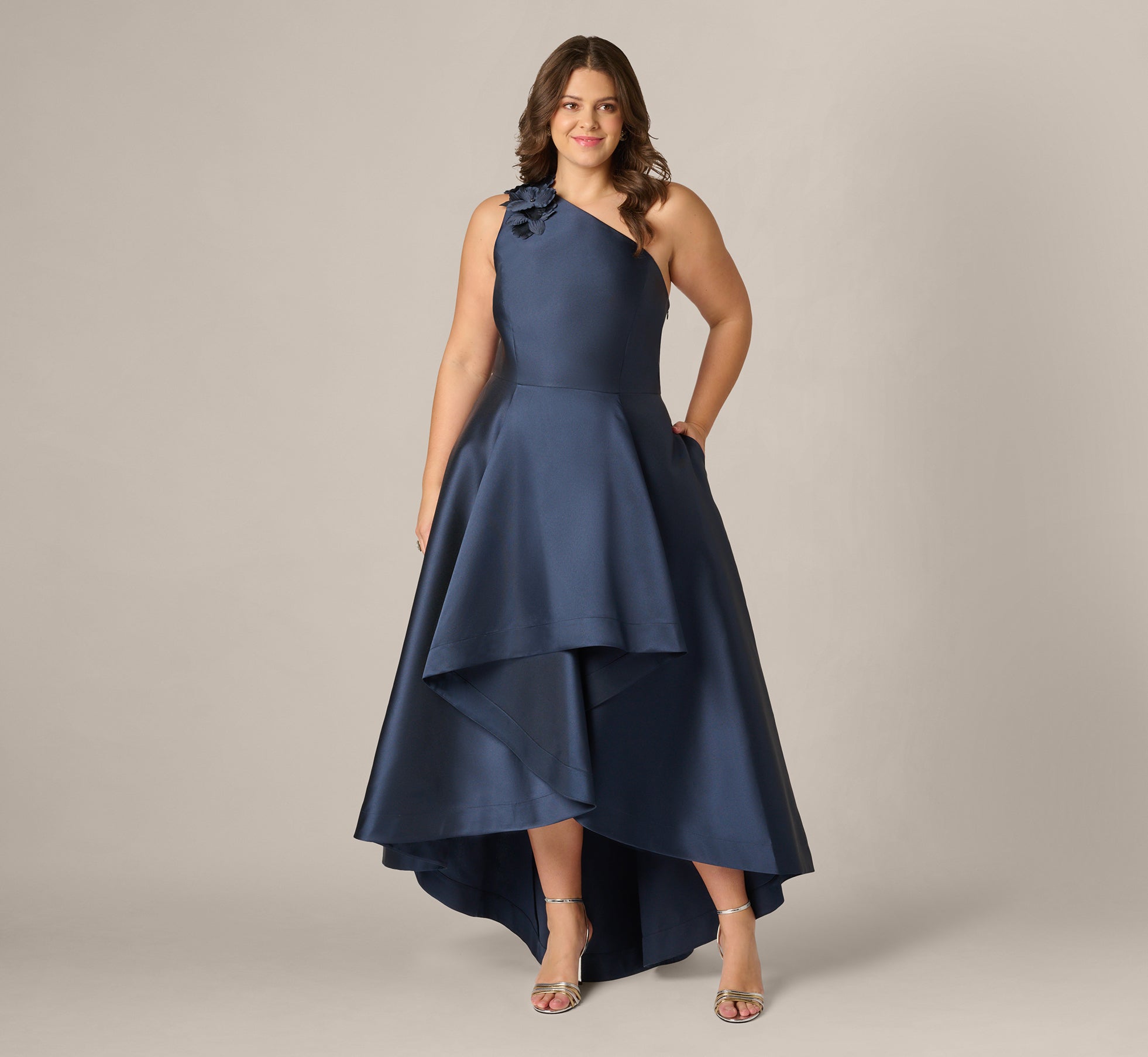 Plus Size One Shoulder Draped Mikado High Low Gown In Midnight