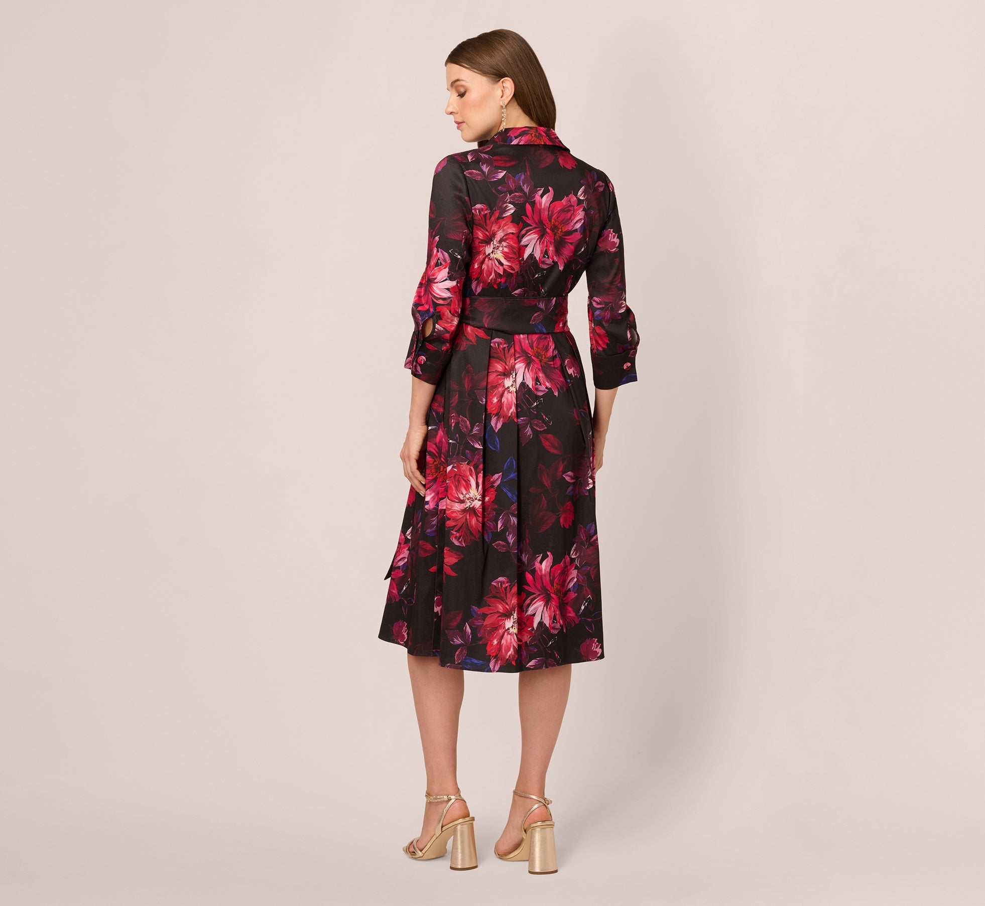 Three Quarter Sleeve Floral Taffeta Shirt Dress In Black Multi