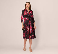 Three Quarter Sleeve Floral Taffeta Shirt Dress In Black Multi