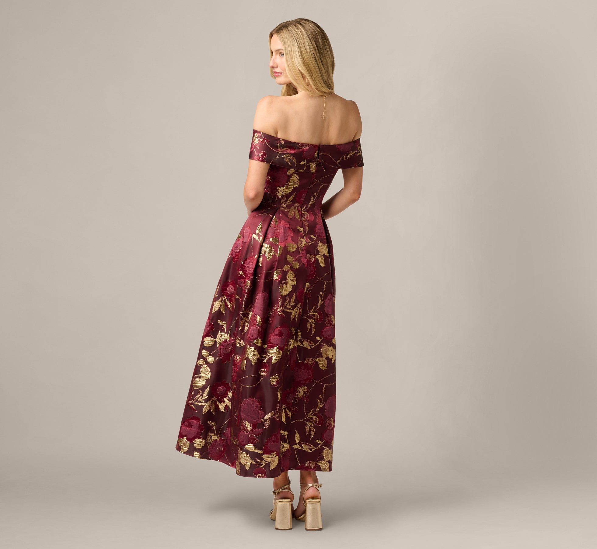 Off Shoulder Metallic Jacquard Midi Dress In Burgundy Gold