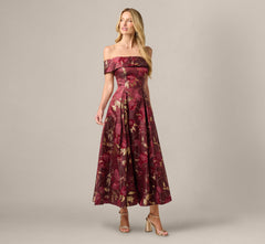 Off Shoulder Metallic Jacquard Midi Dress In Burgundy Gold