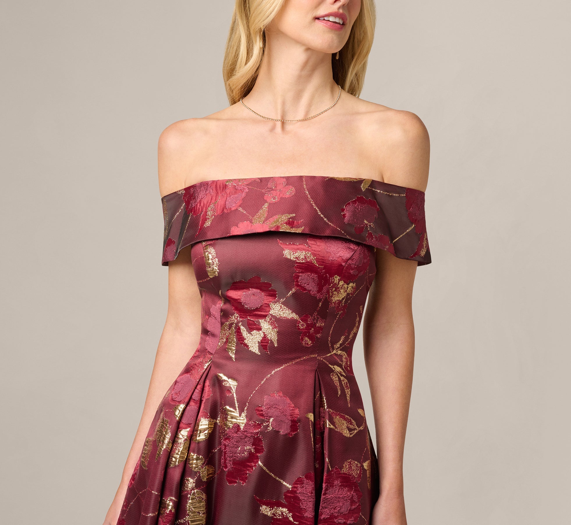 Off Shoulder Metallic Jacquard Midi Dress In Burgundy Gold
