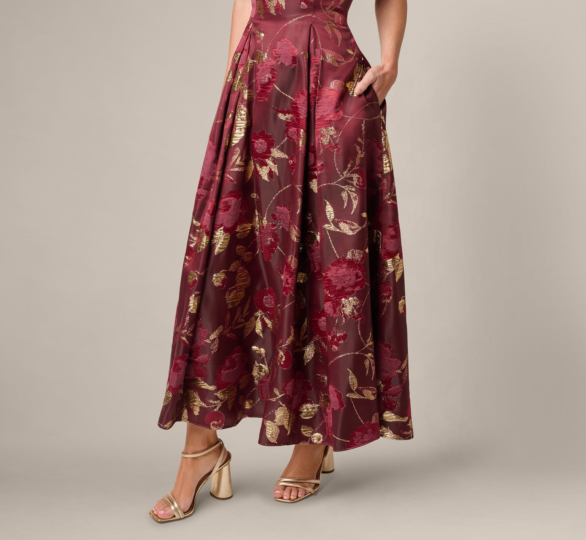 Off Shoulder Metallic Jacquard Midi Dress In Burgundy Gold