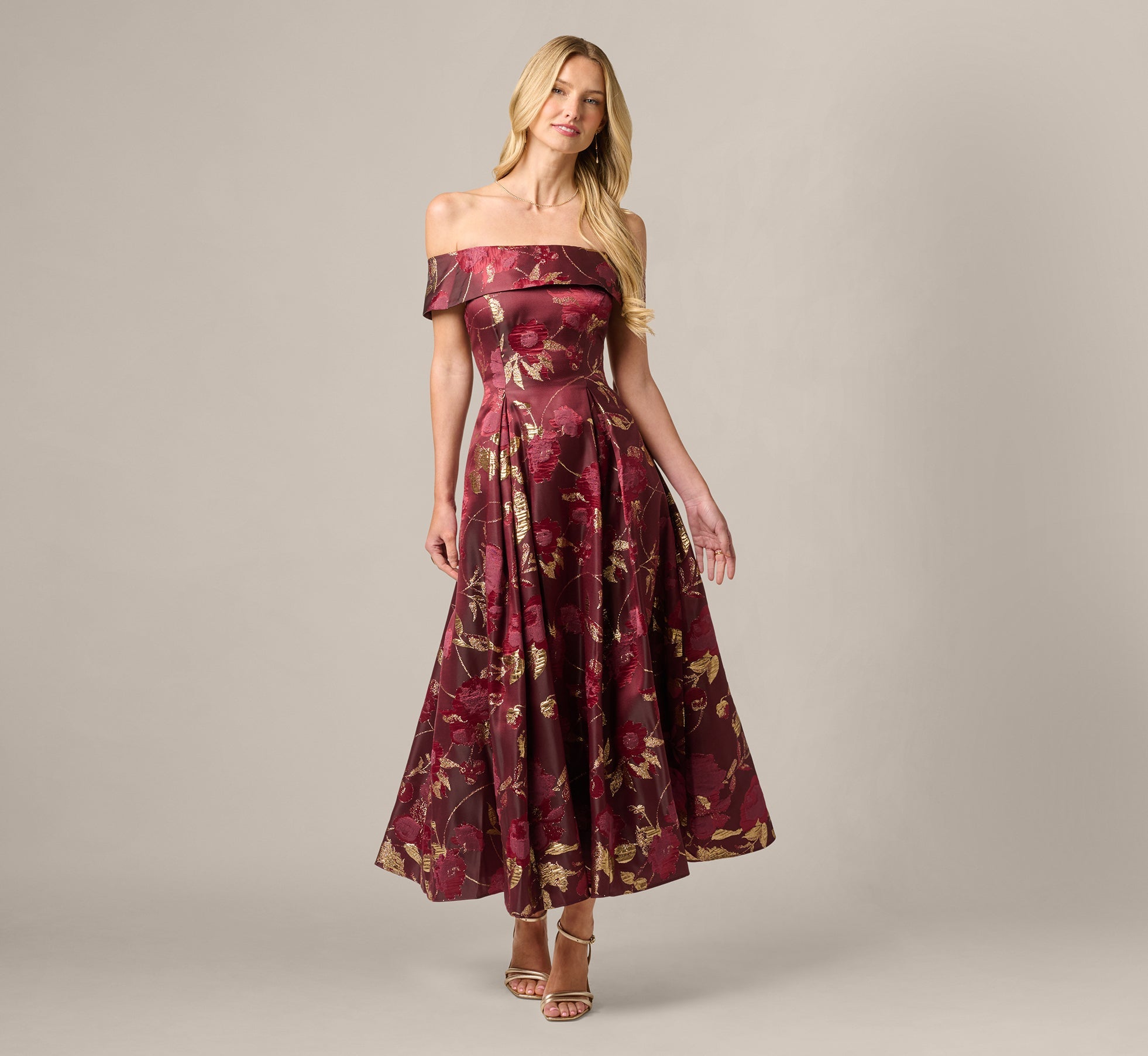 Off Shoulder Metallic Jacquard Midi Dress In Burgundy Gold
