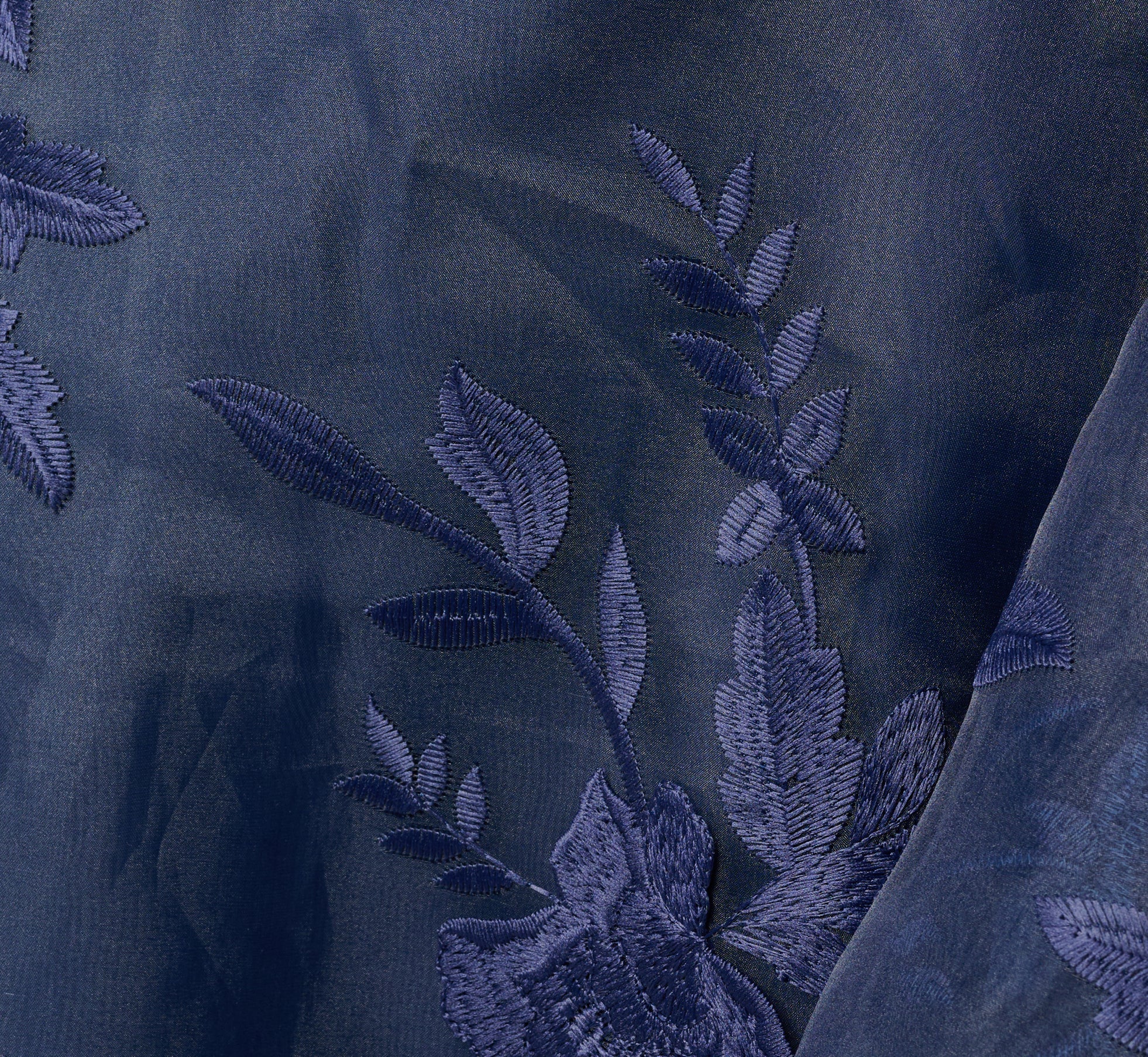 One Shoulder Floral Embroidered Gown In Navy Sateen