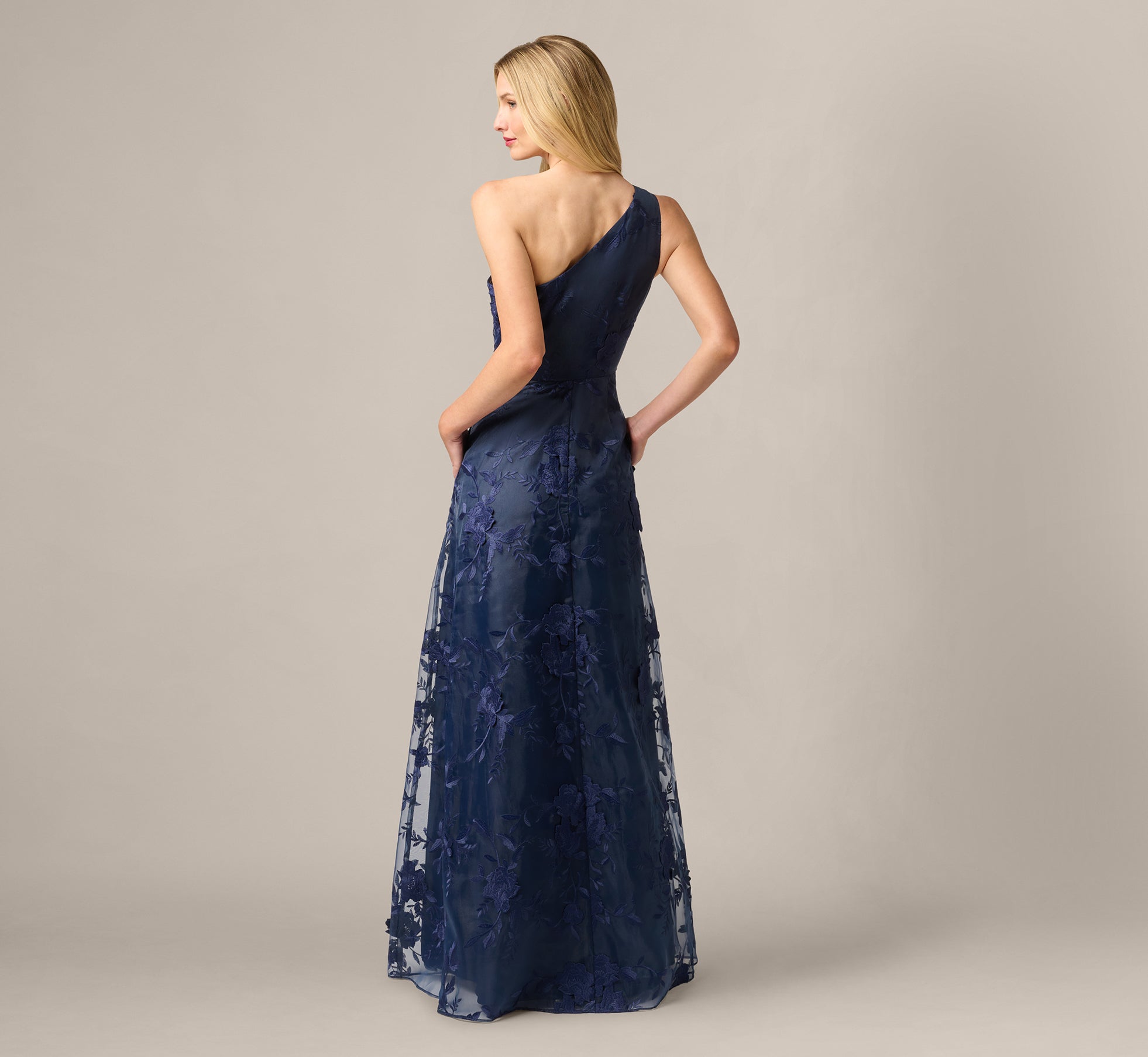 One Shoulder Floral Embroidered Gown In Navy Sateen