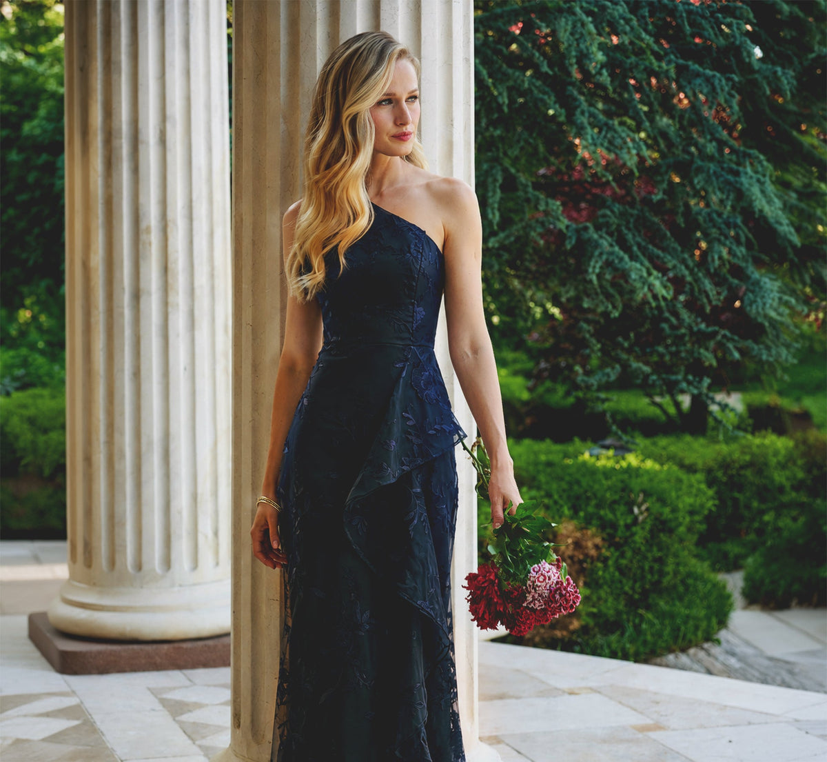 One Shoulder Floral Embroidered Gown In Navy Sateen
