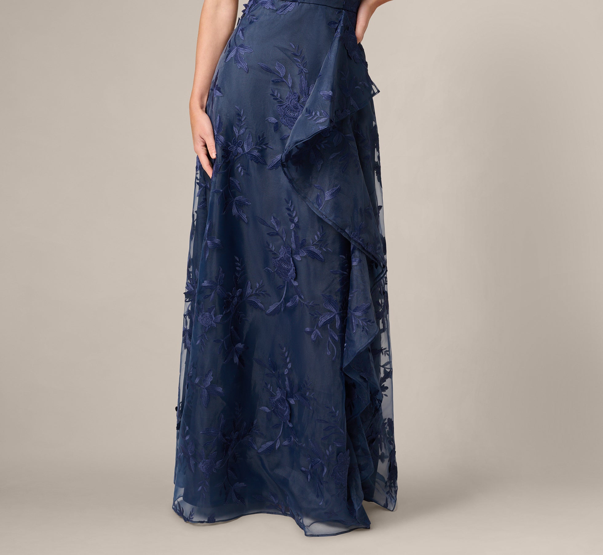 One Shoulder Floral Embroidered Gown In Navy Sateen