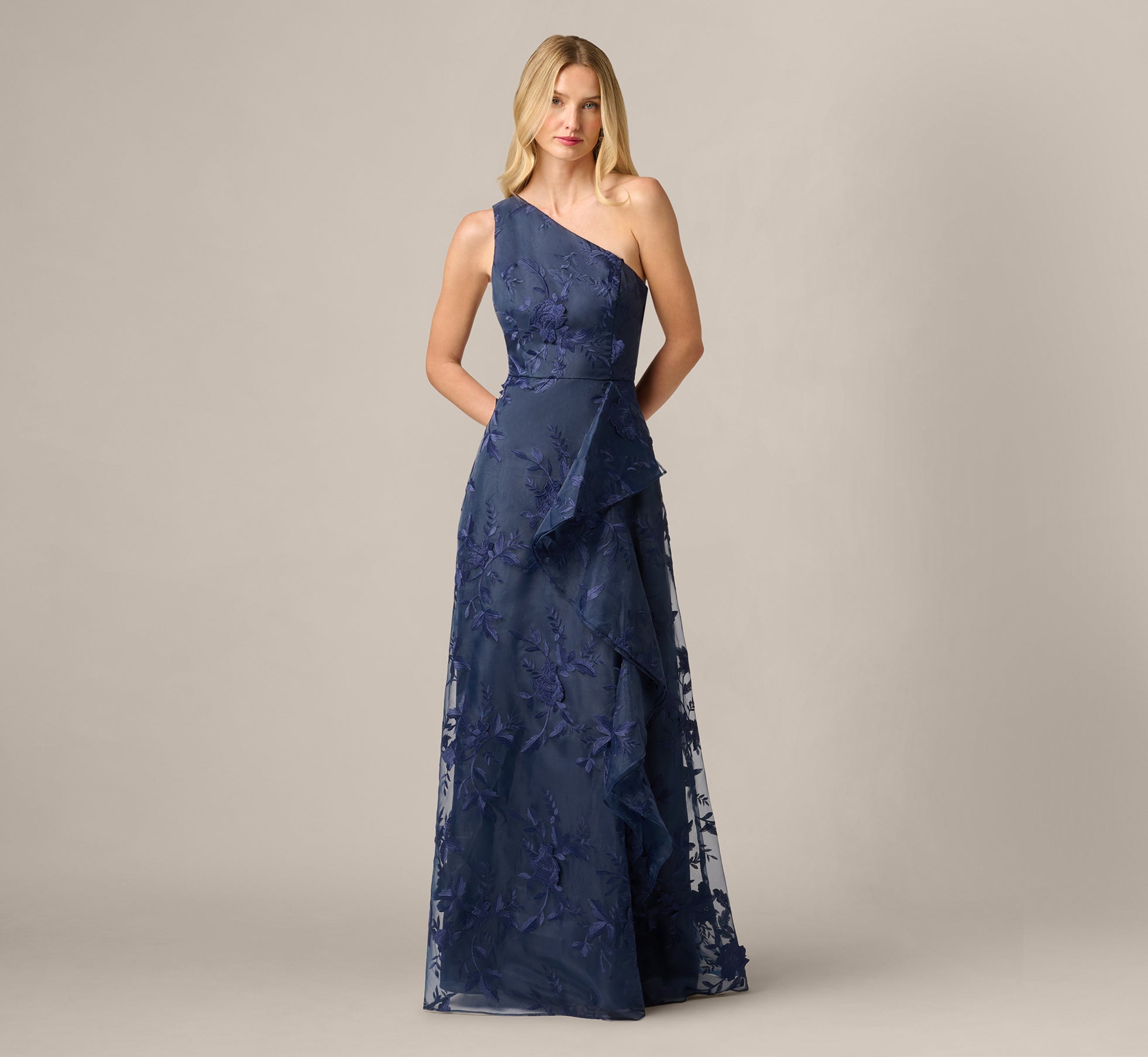One Shoulder Floral Embroidered Gown In Navy Sateen