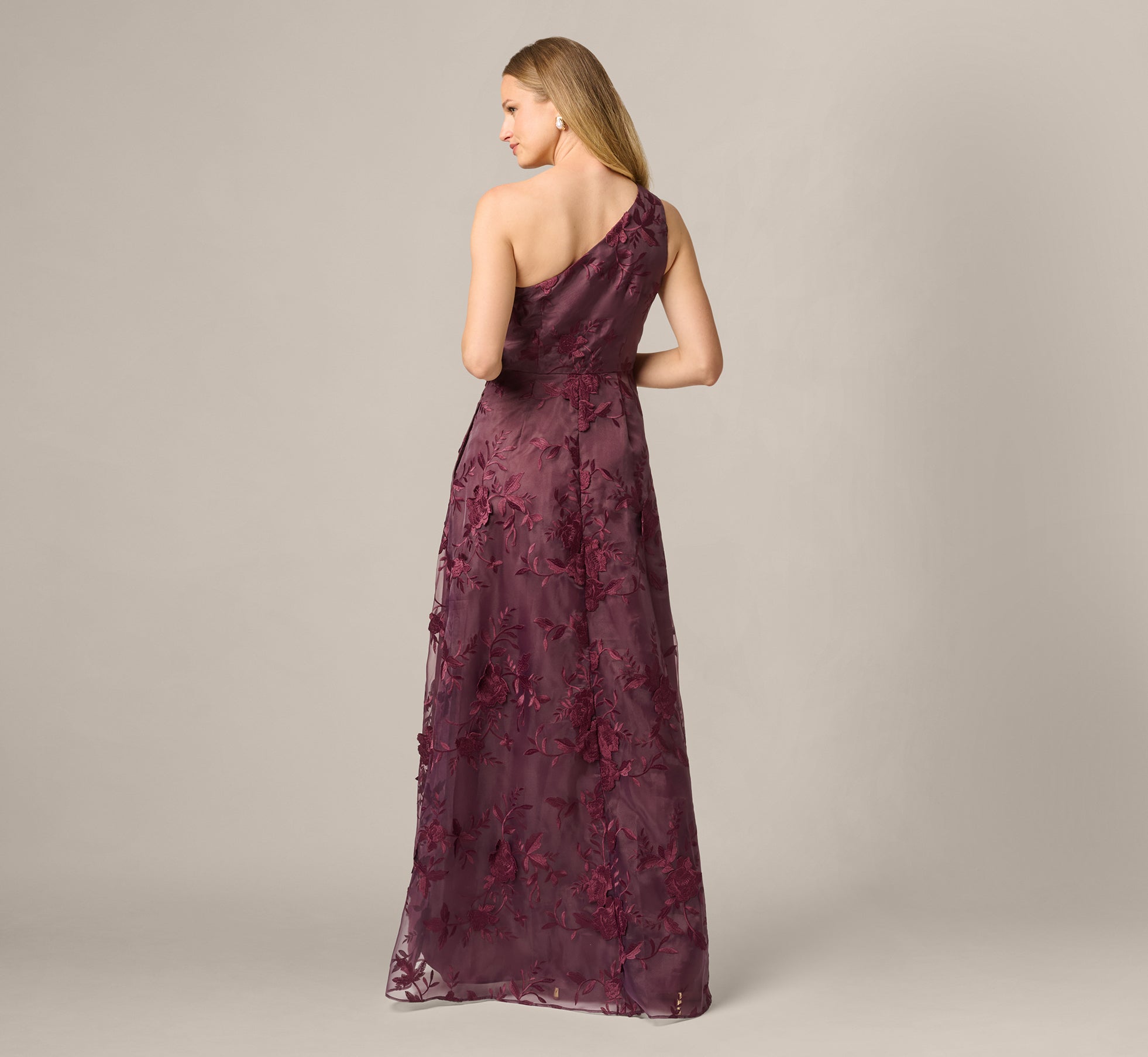Petite One Shoulder Floral Embroidered Gown In Raisin