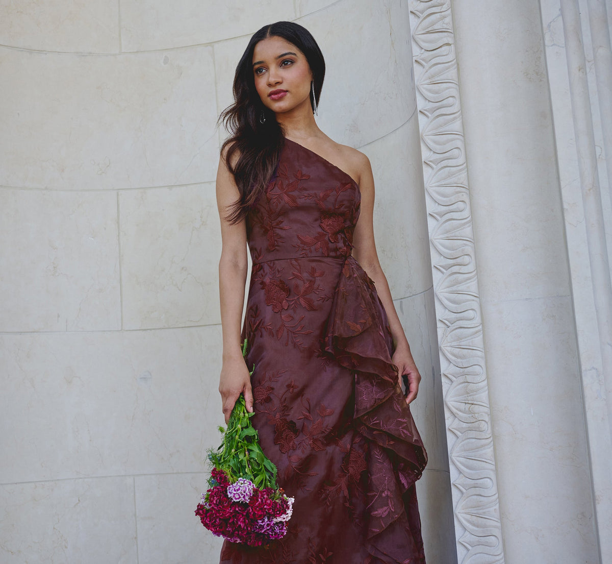 Petite One Shoulder Floral Embroidered Gown In Raisin