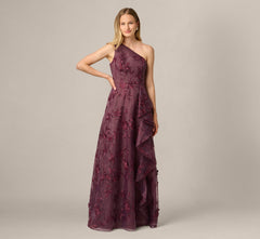 Petite One Shoulder Floral Embroidered Gown In Raisin
