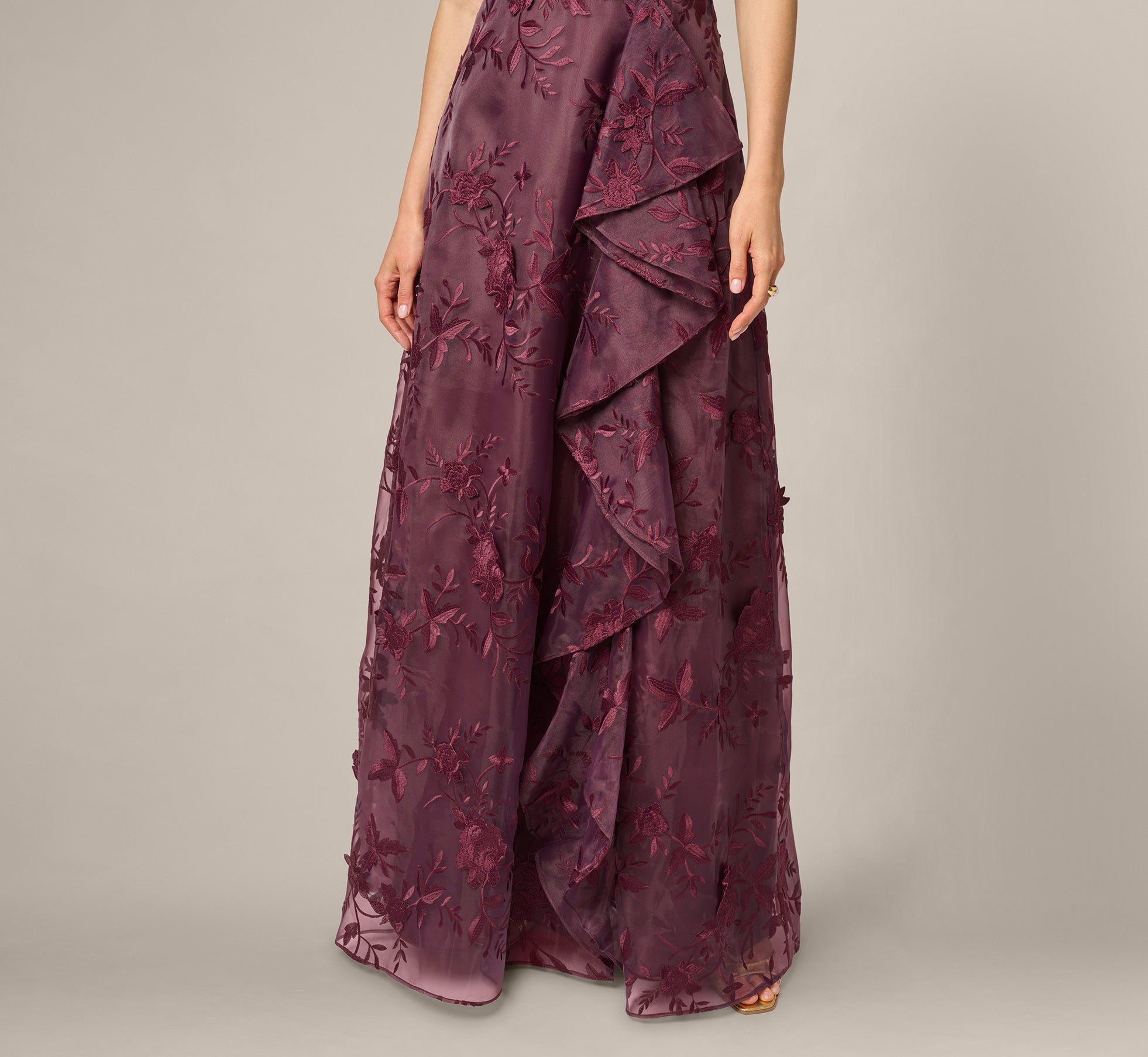 Petite One Shoulder Floral Embroidered Gown In Raisin
