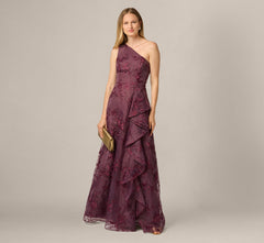Petite One Shoulder Floral Embroidered Gown In Raisin
