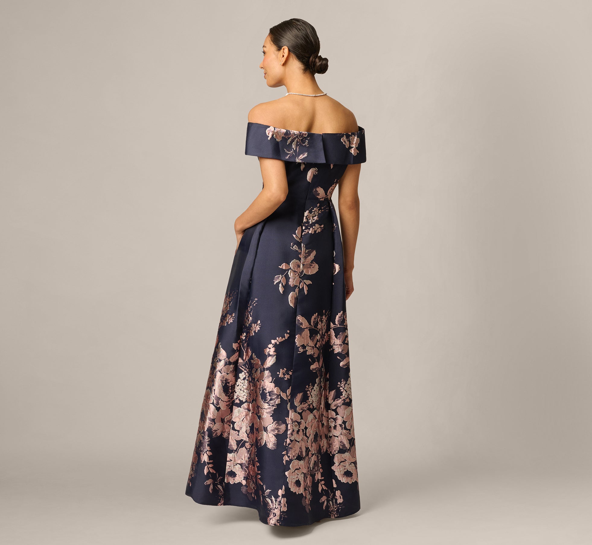 Petite Off Shoulder Metallic Floral Jacquard Gown In Navy Blush