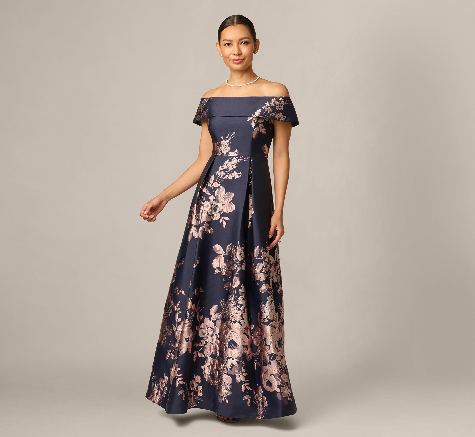 Petite Off Shoulder Metallic Floral Jacquard Gown In Navy Blush