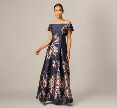 Petite Off Shoulder Metallic Floral Jacquard Gown In Navy Blush