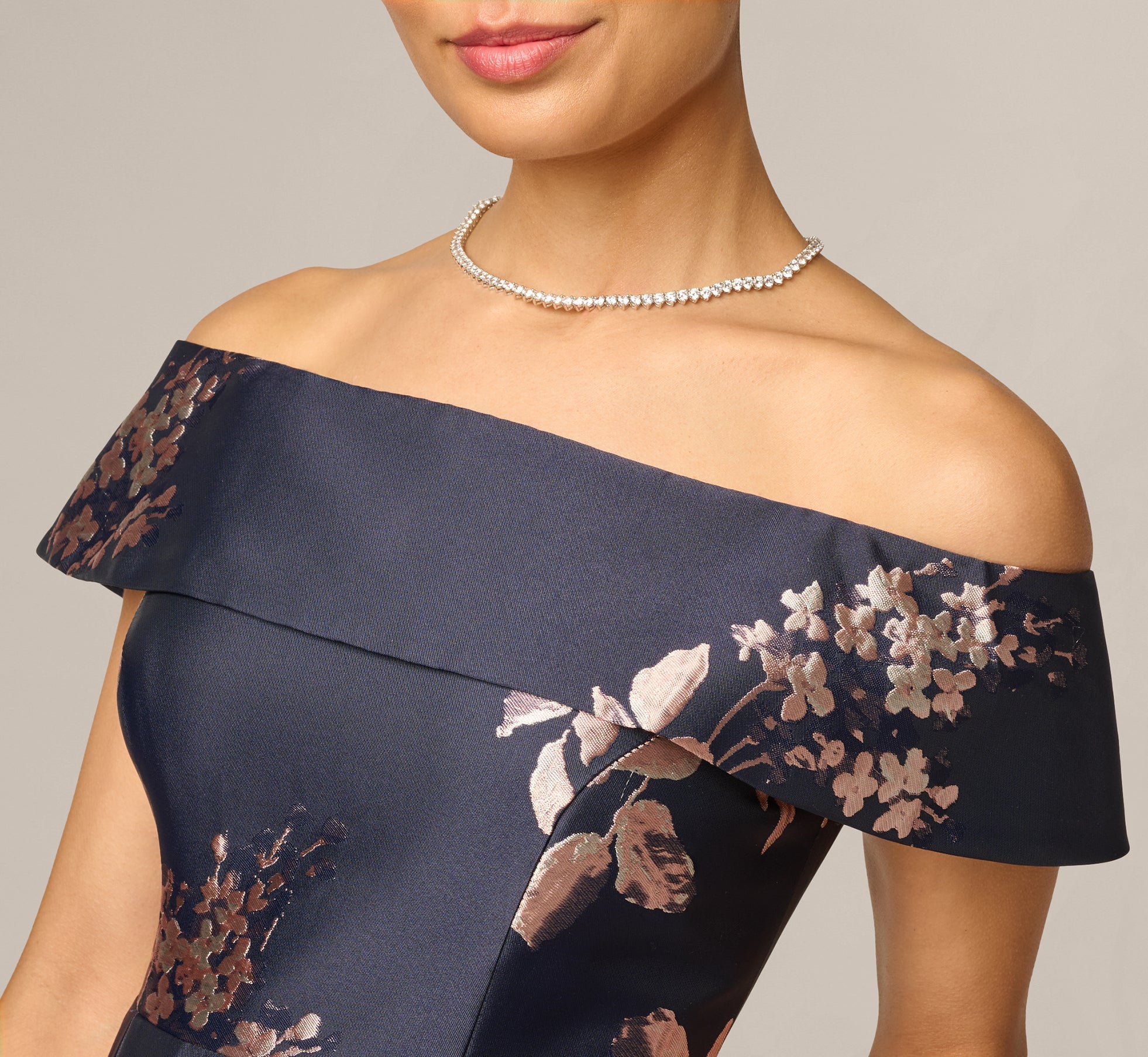Petite Off Shoulder Metallic Floral Jacquard Gown In Navy Blush