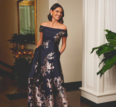 Off Shoulder Metallic Floral Jacquard Gown In Navy Blush