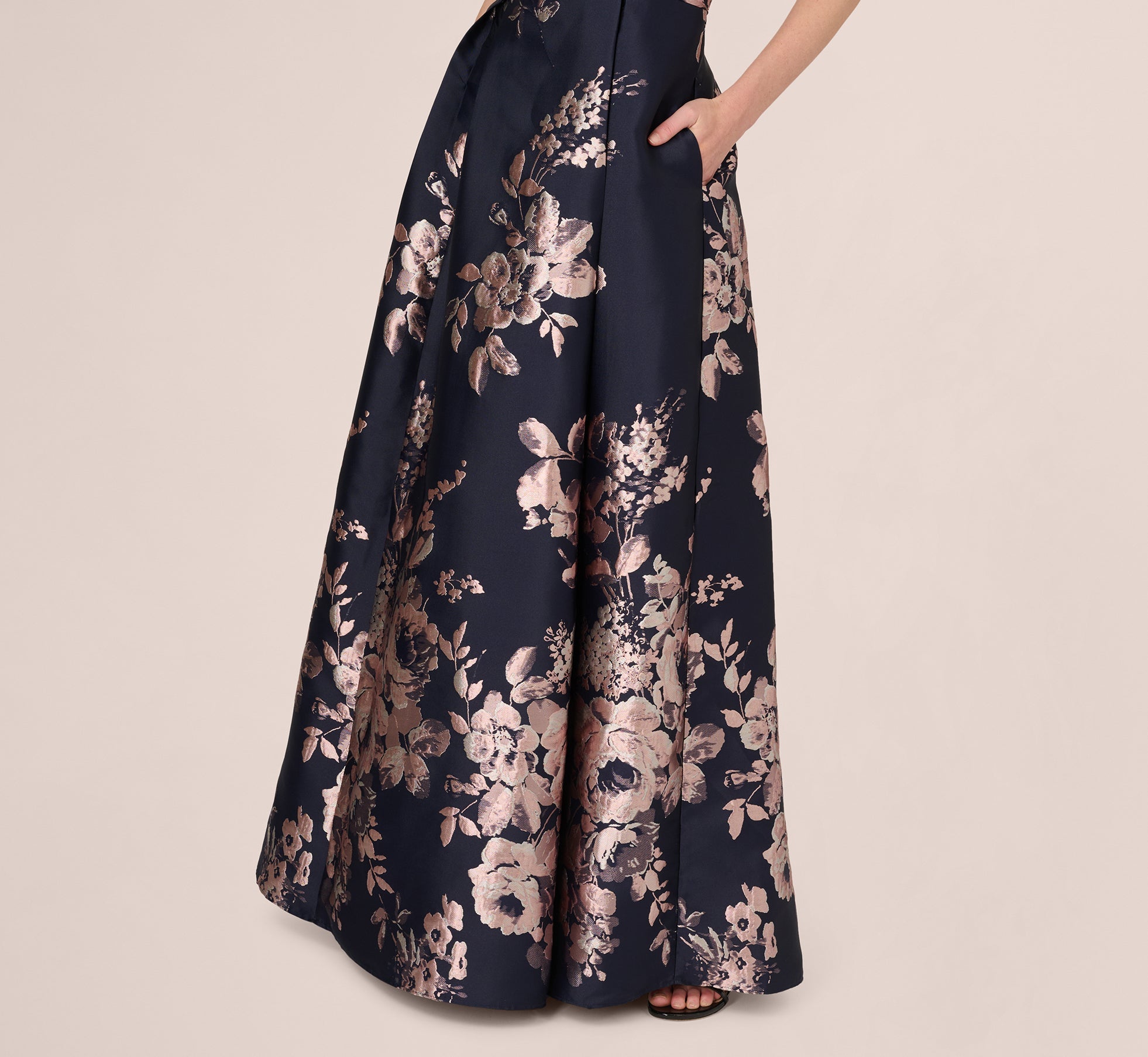 Off Shoulder Metallic Floral Jacquard Gown In Navy Blush
