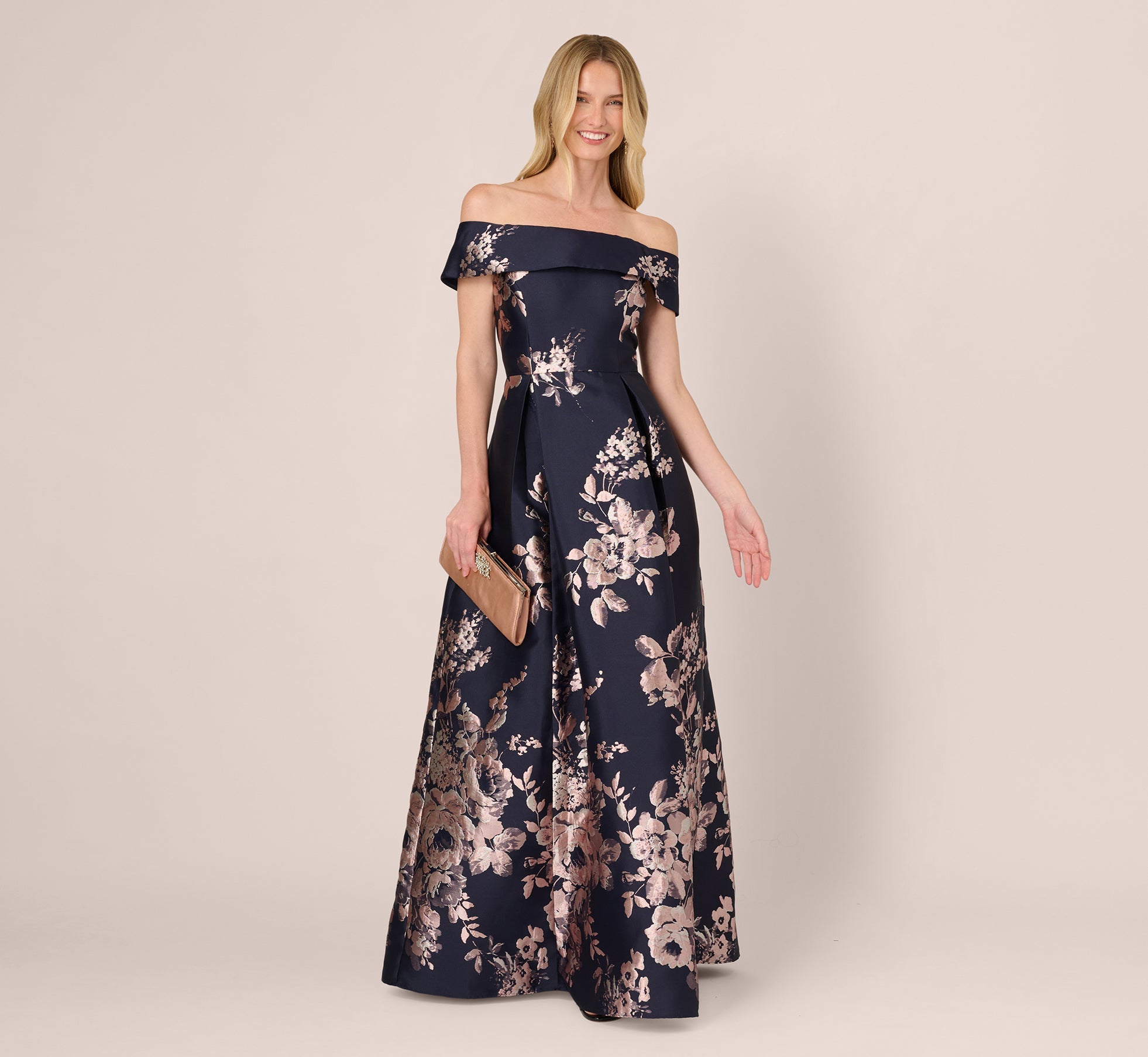 Off Shoulder Metallic Floral Jacquard Gown In Navy Blush